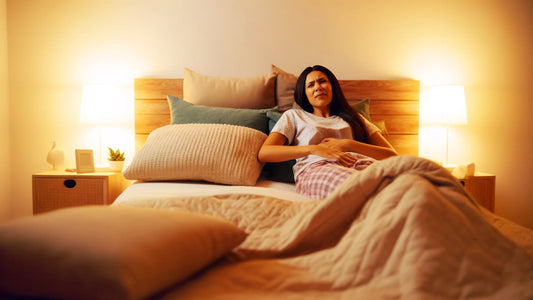 Femme allongé dans son lit se tenant le ventre 