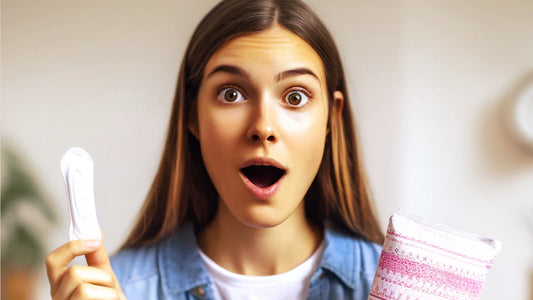 Femme surprise tenant des protections menstruelles